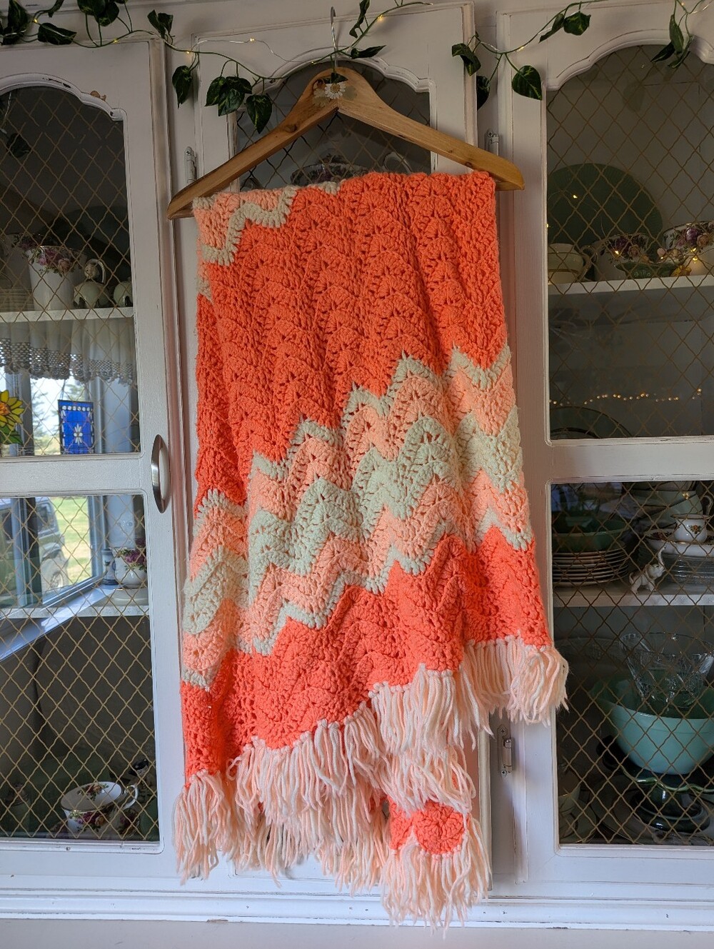 VTG Handmade Chevron Crochet Throw Blanket in Bright Neon Coral and Cream